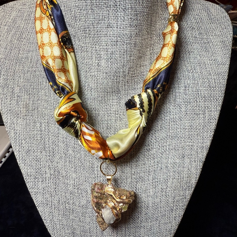 Gorgeous Scarf Necklace With Artisan Rock Pendant